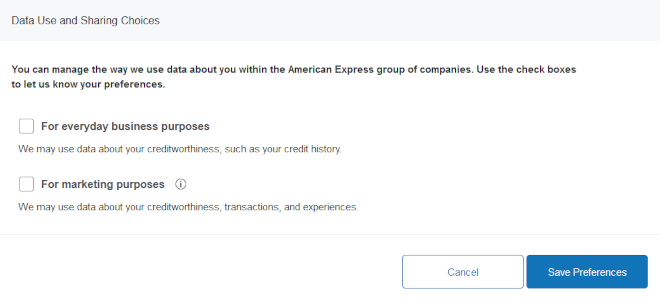 A web form that has two checkboxes. One checkbox toggles whether the user wants their
data to be shared for everyday business purposes. The other checkbox toggles data sharing
for marketing purposes.